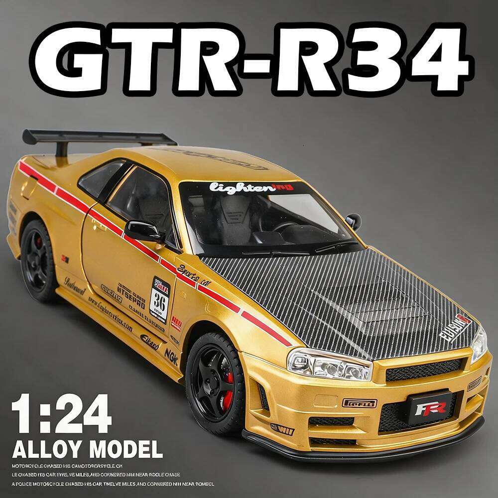 1:24 GTR-R34 S15 Diecast Alloy Model Car Toys Shock Absorption with Sound Light Doors Opened Vehices Kids Fashion Ornaments Z260307