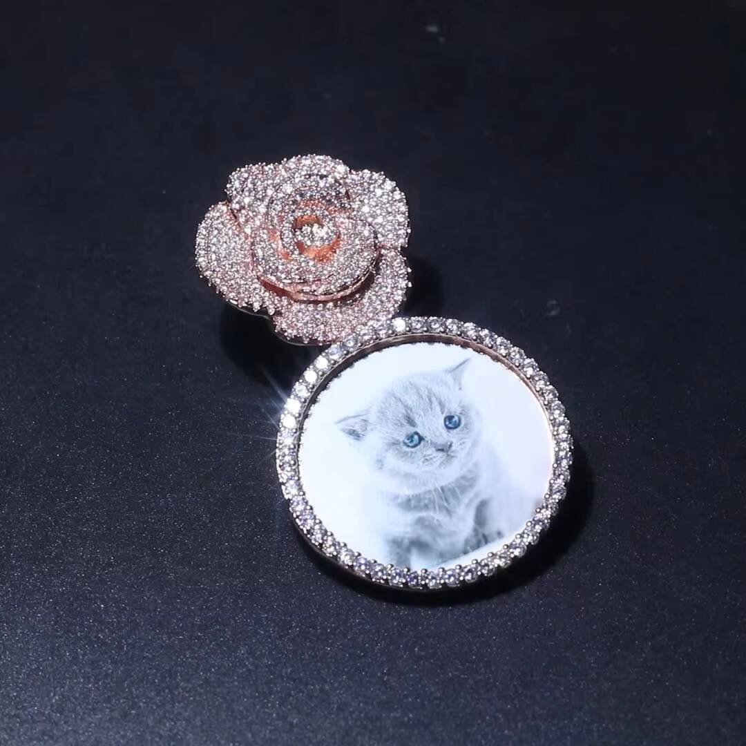 Iced Out Customized Fashionable Flower Rose Gold Jewelry Photo Bling Zircon Brass Pendant Photo Necklaces
