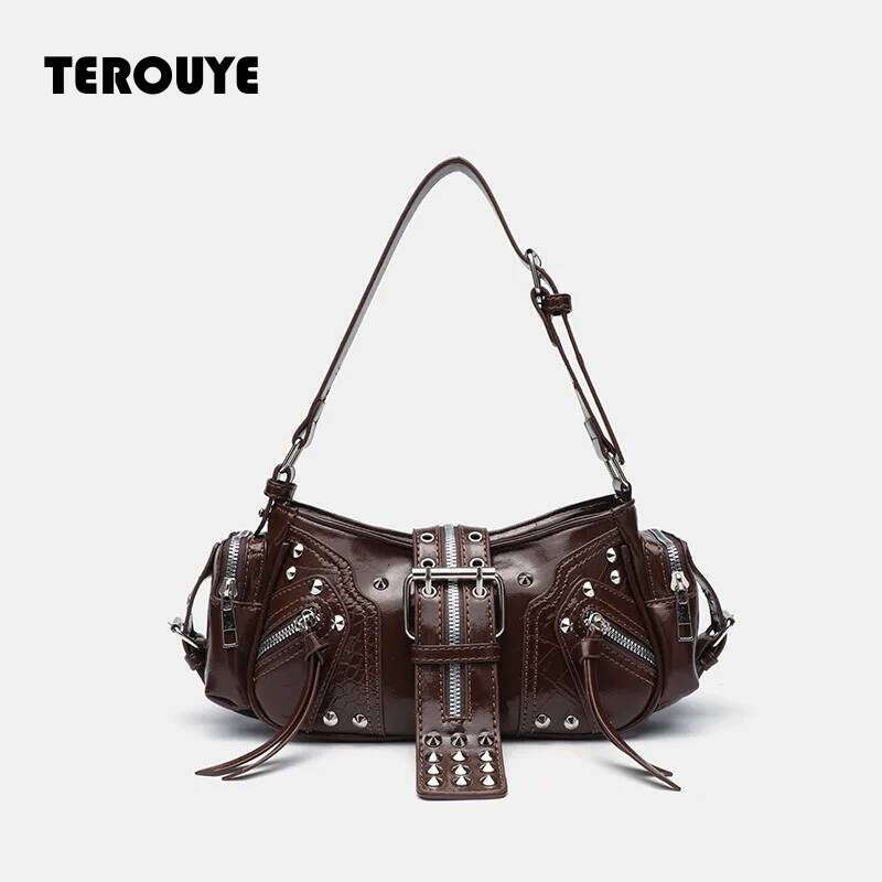 Women's Y2k Punk Vintage Shoulder Purse PU Leather Gothic Rivet Handbag Waist Bag Luxury Black Cross Body Bags With Spikes TEROUYE