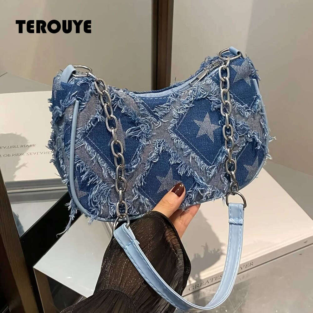 Women's Tote With Star Pattern Blue Distressed Golden-Tone Hardware Stylish Handbag Shoulder Bag For Everyday Use TEROUYE