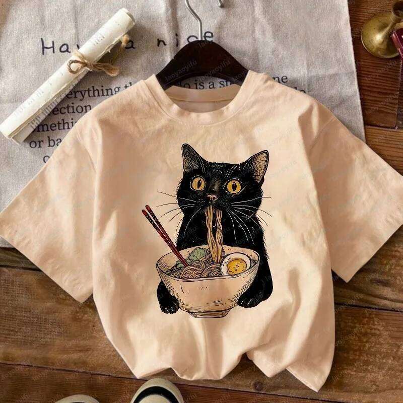 Casual Minimalist Cartoon Black Cat Eating Ramen Breathable Graphic Short Sleeve Fashion Cotton Shirt New Summer Women'S Top XJ260306
