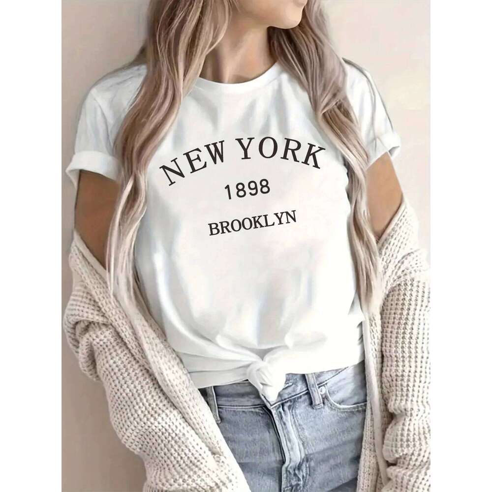 Women's casual crew collar T-shirt with monogram print, short sleeve knit top, polyester and spandex mix, summer XJ260306 XJ260306