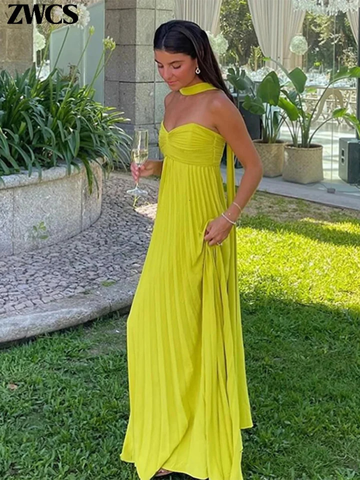 Elegant Strapless Ribbon Pleated Dresses Women Sexy Sleeveless Backless Long Dress 2026 Summer Lady Evening Party Robes 260306