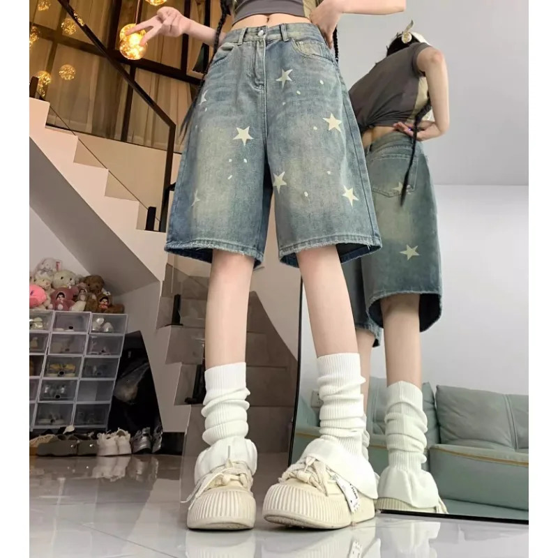 Casual Floral Print Loose Wide Leg Womens Jeans American Retro Star Straight Leg Comfort Stretch Soft Denim Shorts 260306