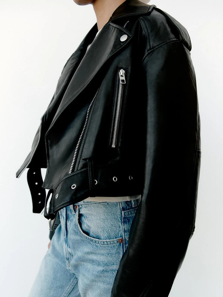 Ailegogo Spring Autumn Women Faux Pu Leather Short Jacket with Belt Motorcycle Biker Female Zipper Lapel Loose Coat Outwear 260306