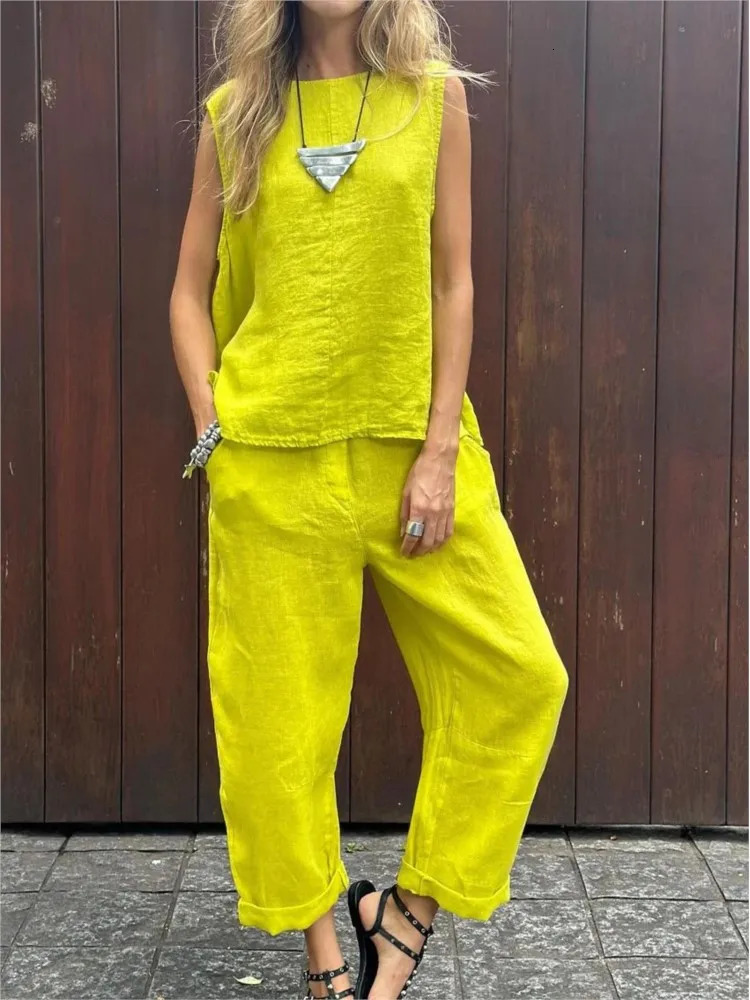Summer Cotton And Linen Casual Outfits Female Fashion Solid Color Two-piece Set For Women Sleeveless Top Trousers Womens Suit 260304