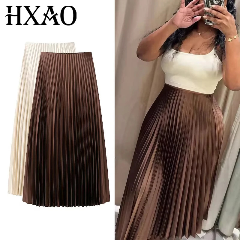 HXAO Womens Pleated Skirt Summer Brown Ruffle Skirt Cylinder Pleats Mid Waist Midi Skirt Fashion Elegant Women Long Skirt 2025 260228