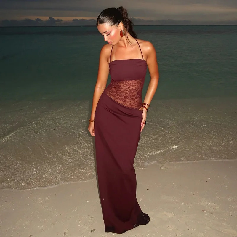 Elegant Lace Cut Out Maxi Dresses for Women Sexy Spaghetti Strap Patchwork Holidays Party Dress Summer Backless Long 260306
