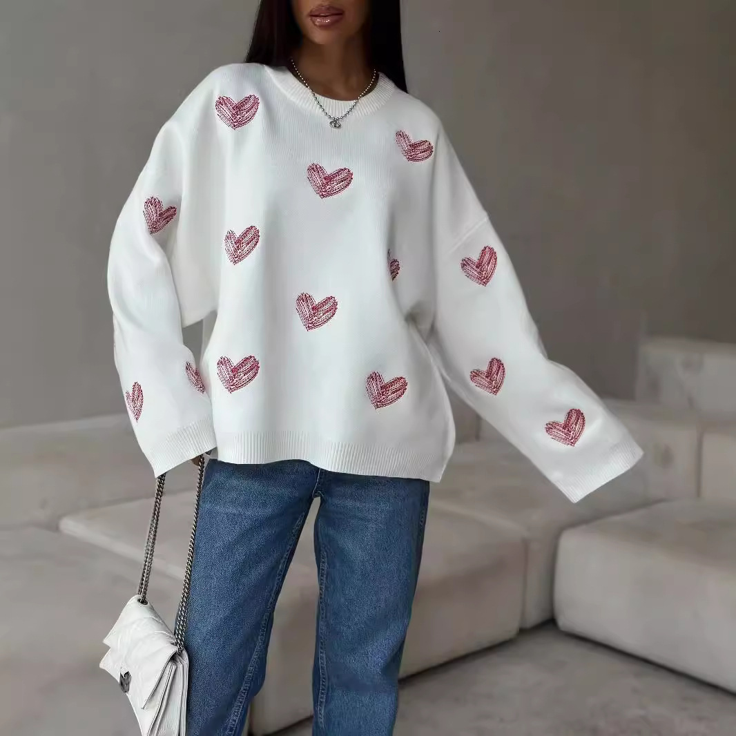 Early Autumn Lazy Style Draped Round Neck Long Sleeve Womens Sweater Heart Pattern Knitted Base Shirt Autumn Women 240904