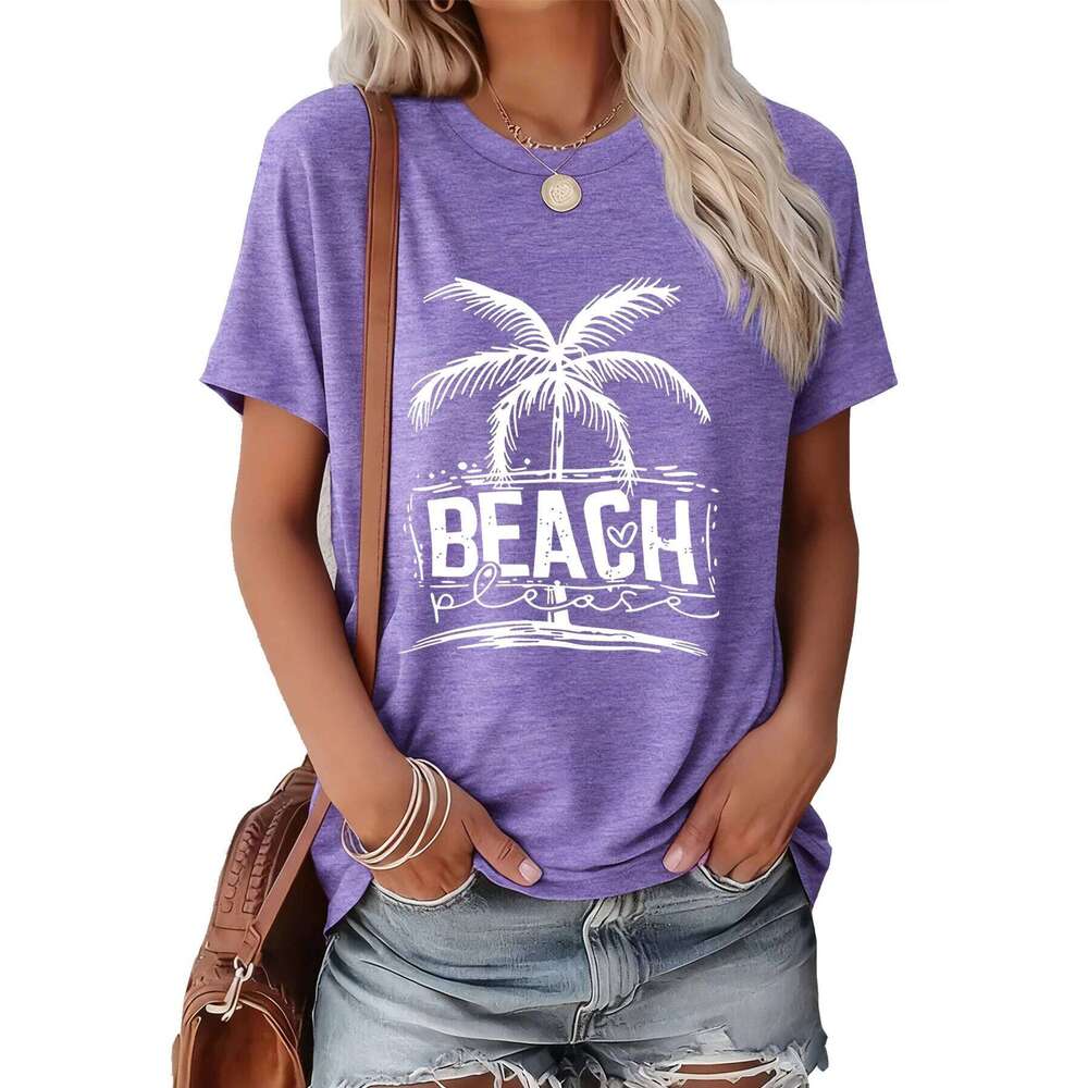 Women's Summer Tee "BEACH please" White Palm Tree Print Soft & Comfy Casual Outings/Gatherings Gift | Multi-Color XJ260306 XJ260306