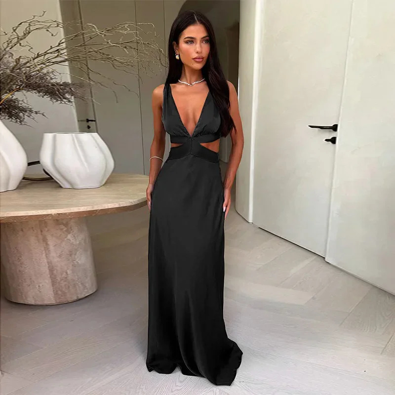 Deep V neck Hollow Long Dress Female Sleeveless Slit Beach Vacation Solid Color High Waist Bodycon Womens 260306