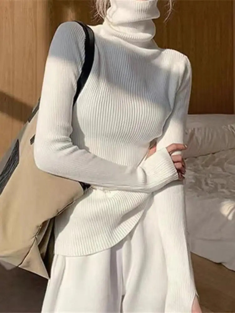 Autumn Winter Basic Knitted Tops Women Turtlneck Sweater Casual Pullover Korean Fashion Simple With Thumb Holes Chic Clothes 260306