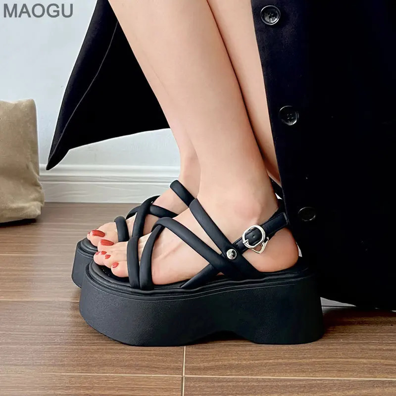 Black Wedge Sandals Women Platform Shoes Black Belt High Heels Gladiator Chunky Heeled Summer Wedges Zapatos De Mujer 260306
