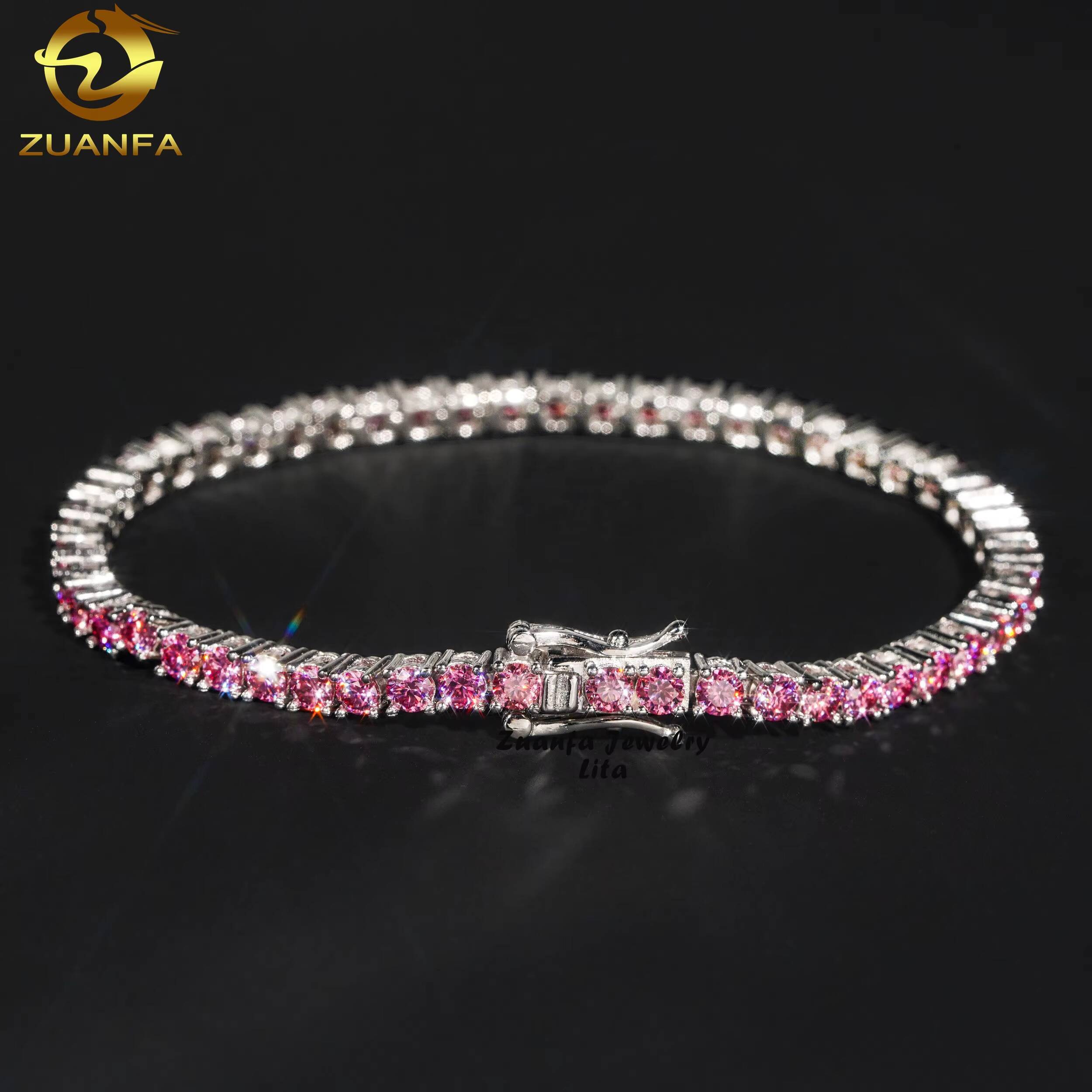 GRA Certificate Top Quality Diamond Tennis Chain 925 Silver 3mm Pink Moissanite Tennis Bracelet