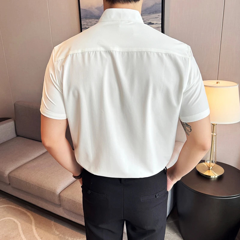 Stand Collar Short-Sleeved Shirt Mens High-Grade White V-Collar Shirt Drape Stretch Fashion V-neck Shirt Business Office 260305