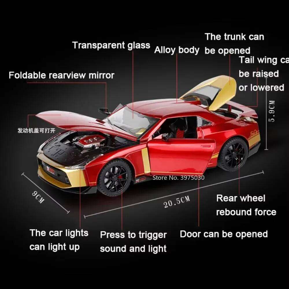 1:24 Scale GTR R35 R50 Alloy Car Model Diecast Toy High Simulation Vehicle with Pull Back Sound Light Toys for Kids Boys Gifts Z260307
