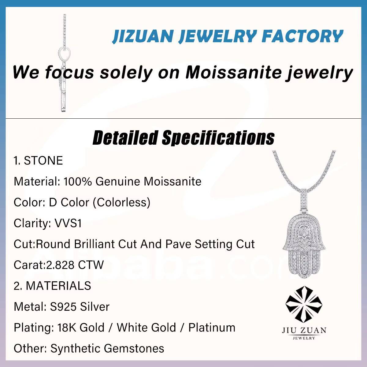 Full Moissanite Hamsa Pendant Necklace 925 Sterling Silver 18K Gold Plated Minimalist Fashion Hip Hop Style GRA Certificate