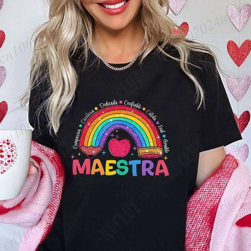 MAESTRA Rainbow Print Women T Shirt Casual O Neck Short Sleeve T-shirts Fashion Comfy Tee Shirts Best Gift To Teacher XJ260306 XJ260306