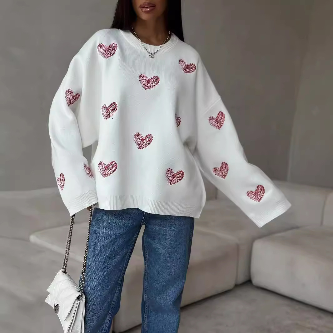 Early Autumn Lazy Style Draped Round Neck Long Sleeve Womens Sweater Heart Pattern Knitted Base Shirt Autumn Women 240904