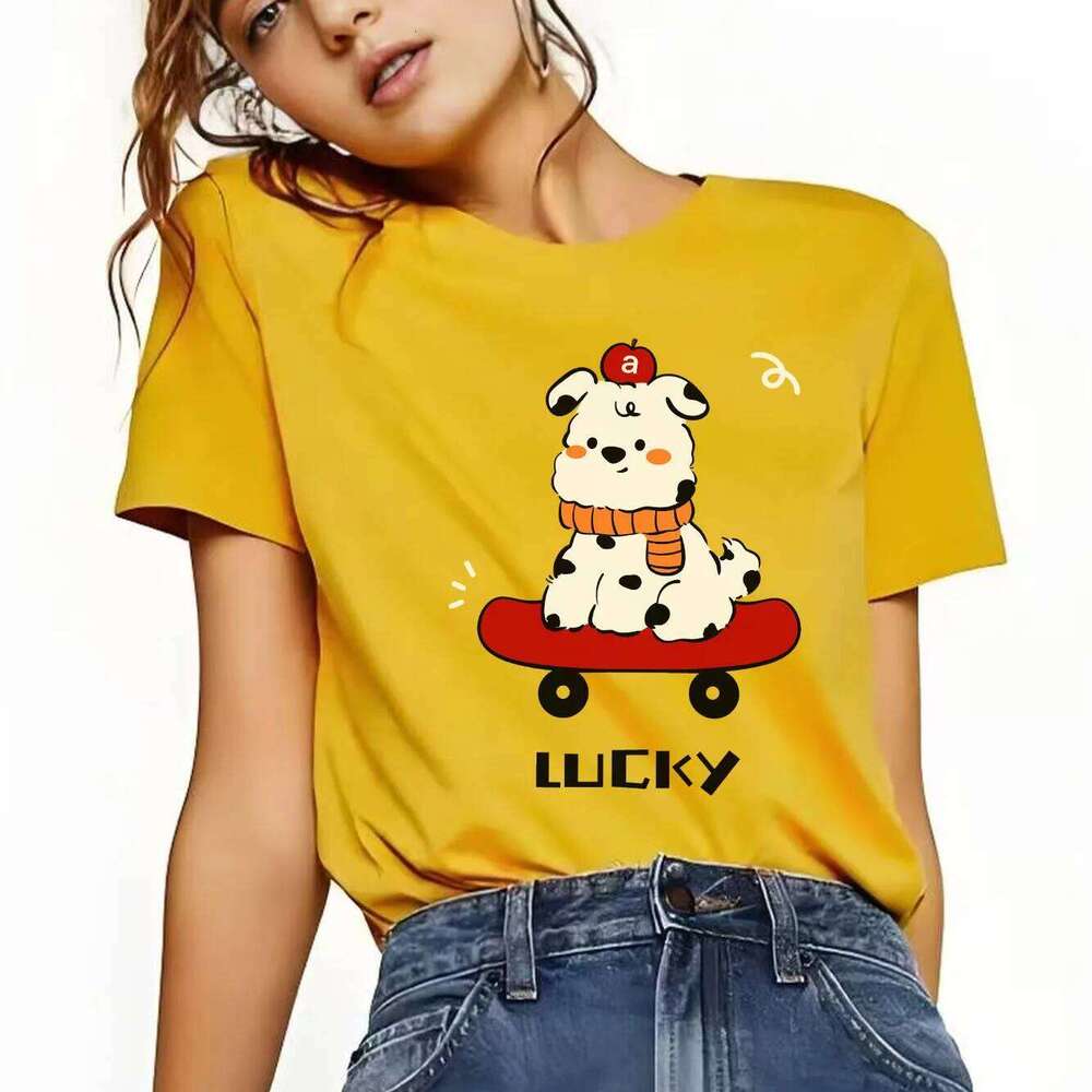 Fashionable Dog Skateboarding Fun Printed Pattern Short Sleeve Round Neck Casual Versatile Women's T-shirt XJ260306 XJ260306
