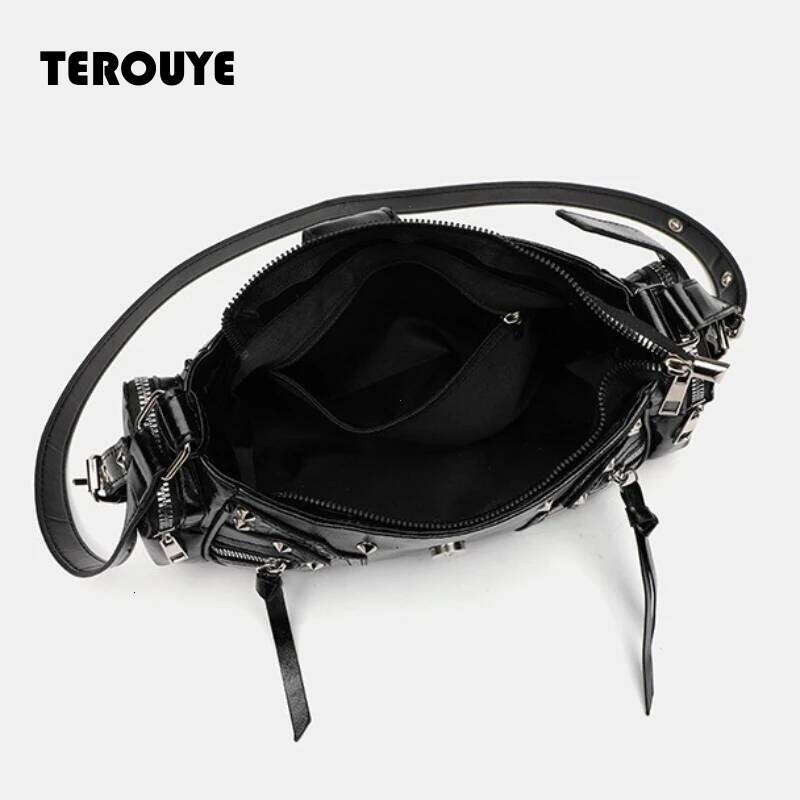 Women's Y2k Punk Vintage Shoulder Purse PU Leather Gothic Rivet Handbag Waist Bag Luxury Black Cross Body Bags With Spikes TEROUYE