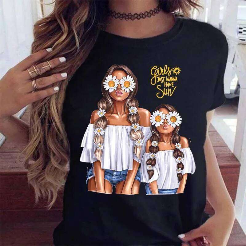 Maycaur Women Cartoon Mom Boy Girl Print Mother Lady T-shirts Casual Top T Shirt Ladies Womens Graphic Female Tee T-Shirt XJ260306