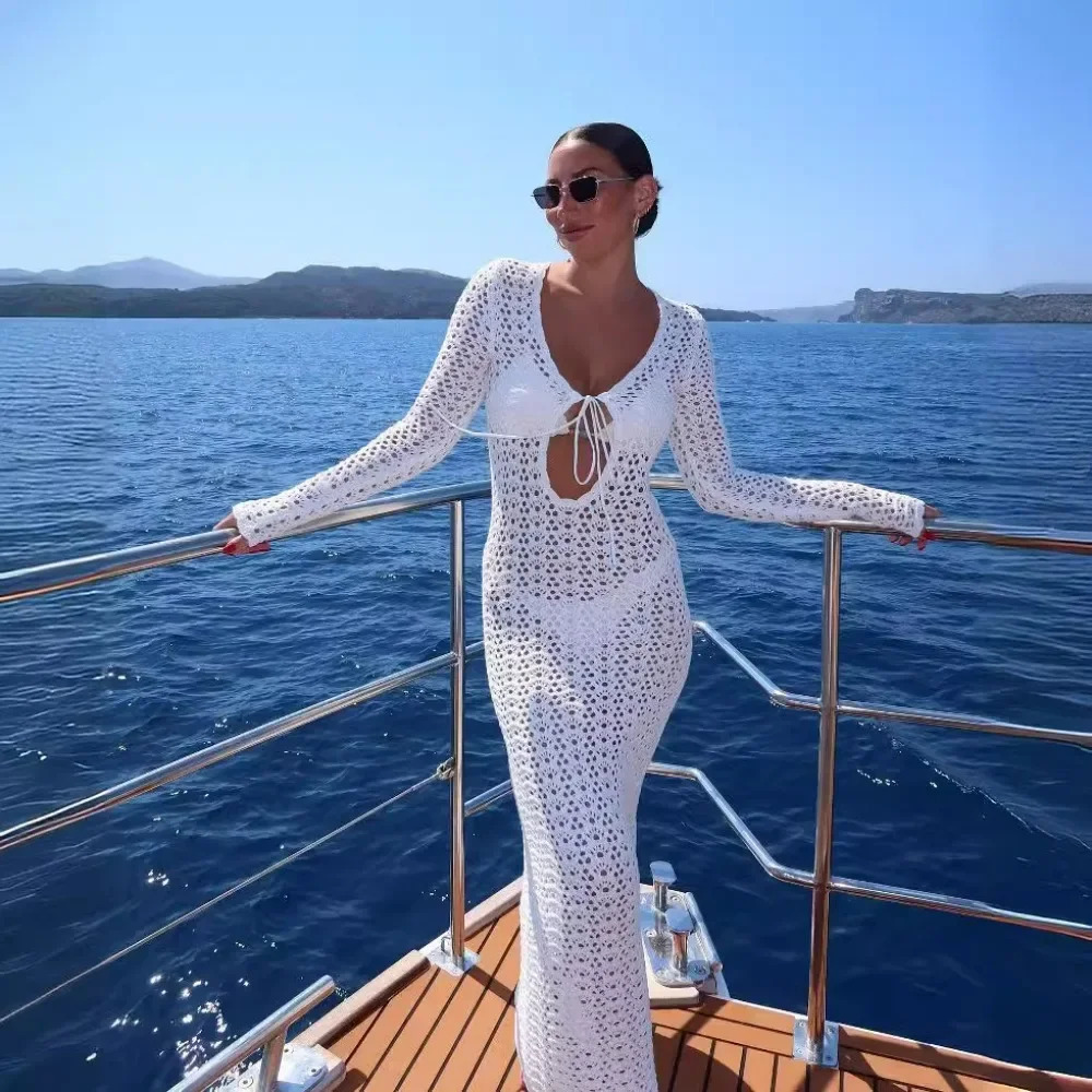 DRC Women Sexy Hollow Out Slim Maxi Boho Holiday White Knitted Beach Dresses Summer Long Sleeve Bikini Cover Up Dress 260306