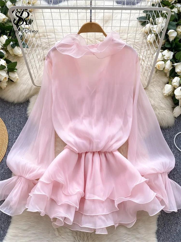 SINGREINY 3D Floral Beach Short Dress Female Long Sleeves Lace Up Ruffle Chiffon Cake Sundress Sheer Sexy Vintage Bohemian Dress 260304
