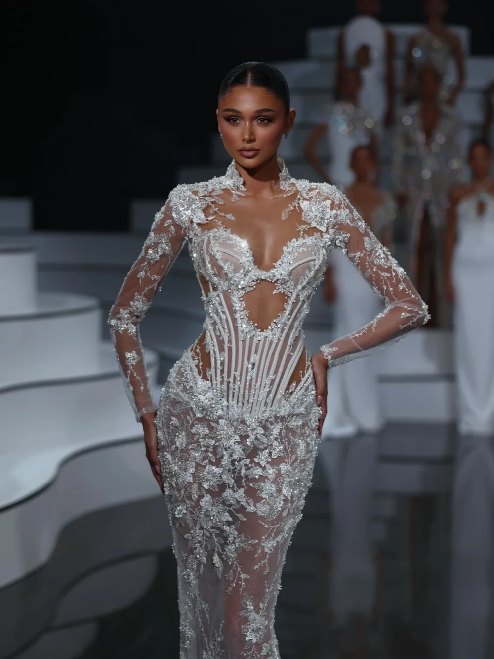 Vintage High Neck Sheath Wedding Dress Elegant Long Sleeve Sequined Bridal Dress See Through Customized vestido de novia