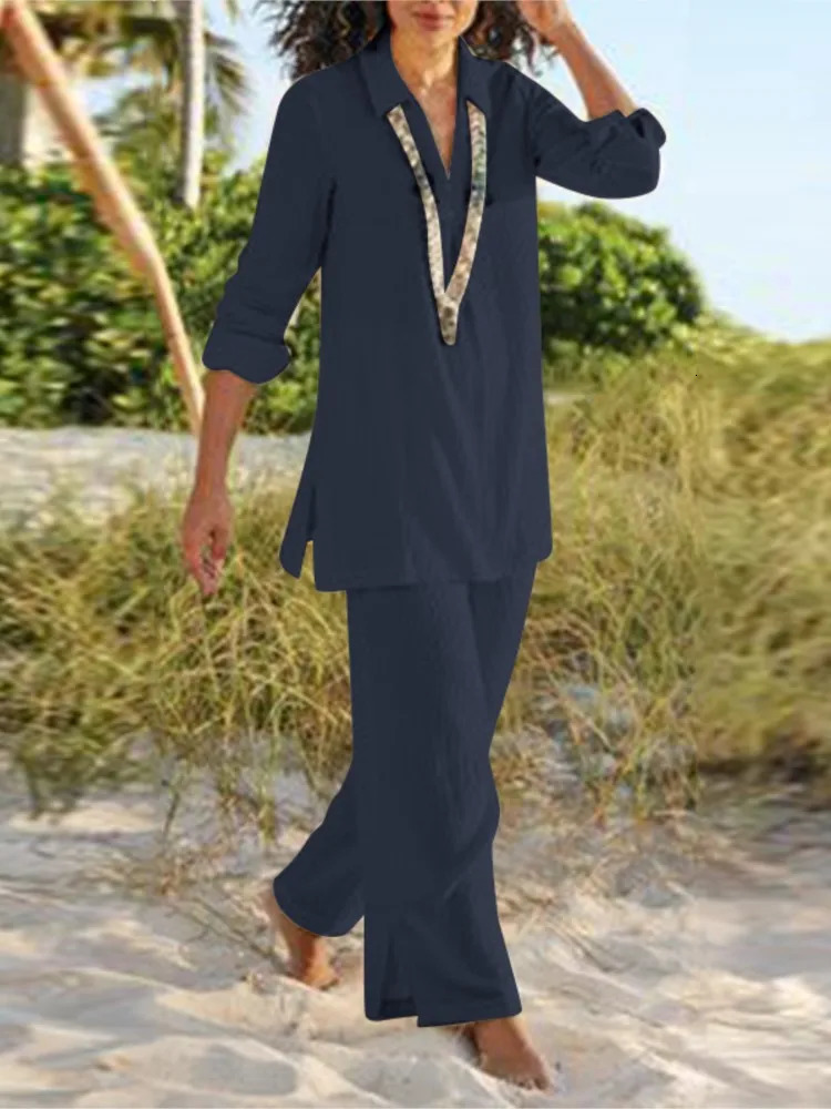 Loose Casual Pant Sets For Women Autumn Long Sleeve Solid Color Cotton And Linen Two Piece Set Vintage Style Lady Suits 260303