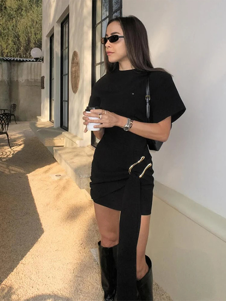 Elegant Chic Mini Dress Women Slim O Neck Short Sleeves Patchwork Ribbon Vestidos Female Spring Summer Evening Dresses Lady 260306