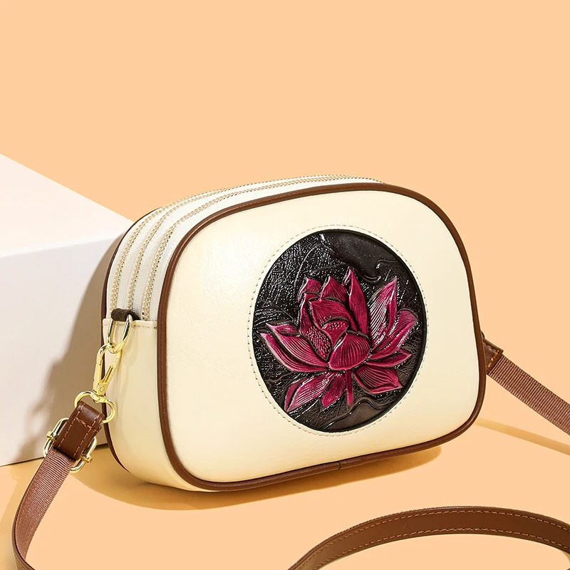 MultiLayer round Handbag Chinese Lotus Soft Leather oulder Crossbody Bag Vintage National Sle Womens 260307