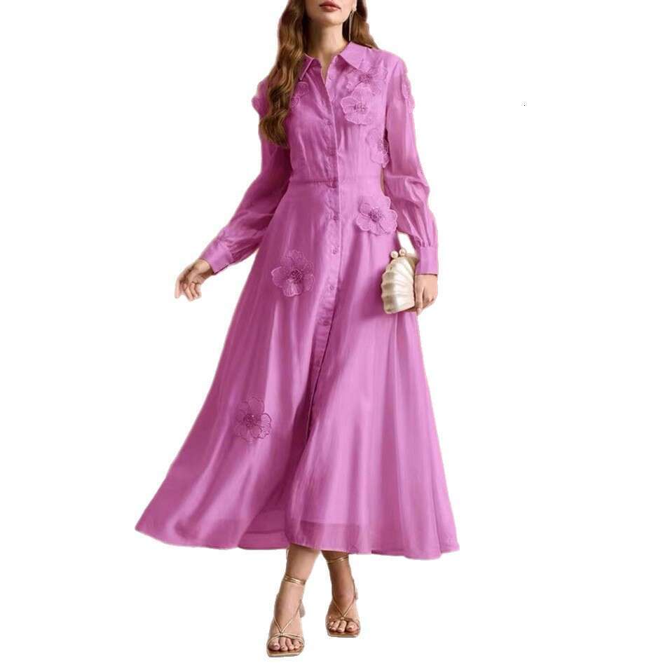 2026 Spring and Autumn Season, European and American niche ladies' style commuting 3D floral solid color big hem shirt dress