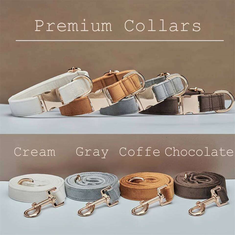 Multiple Colour Velvet Personalise Dog Collar Leash Set With Bow,Brown+Grey+White,Engraved Pet ,Wedding P Bamubi