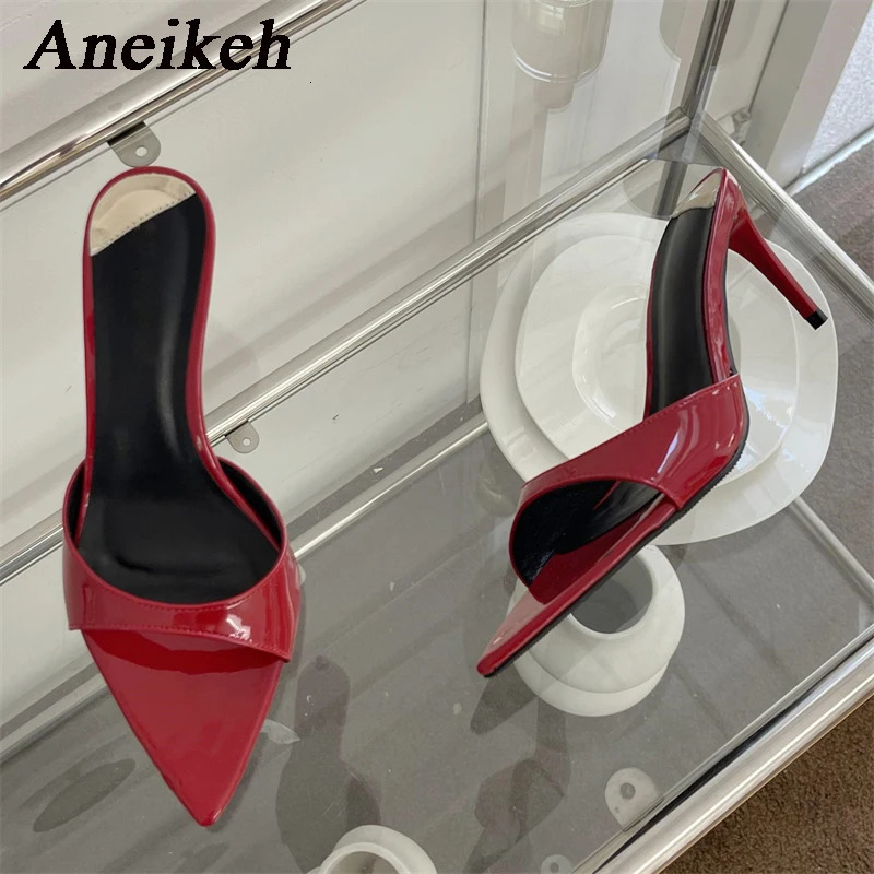 Aneikeh Fashion Sexy PU Shallow Slim High Heels Women Pointed Open Toe Outdoor Solid Color Anti Slip Sandals Slippers Mules 260306