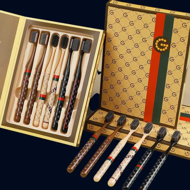 Luxury 6-Piece Toothbrush Set Premium Soft Bristles for Gentle Adult Oral Care Elegant Monogram Gift Box Design for Daily UseT260307