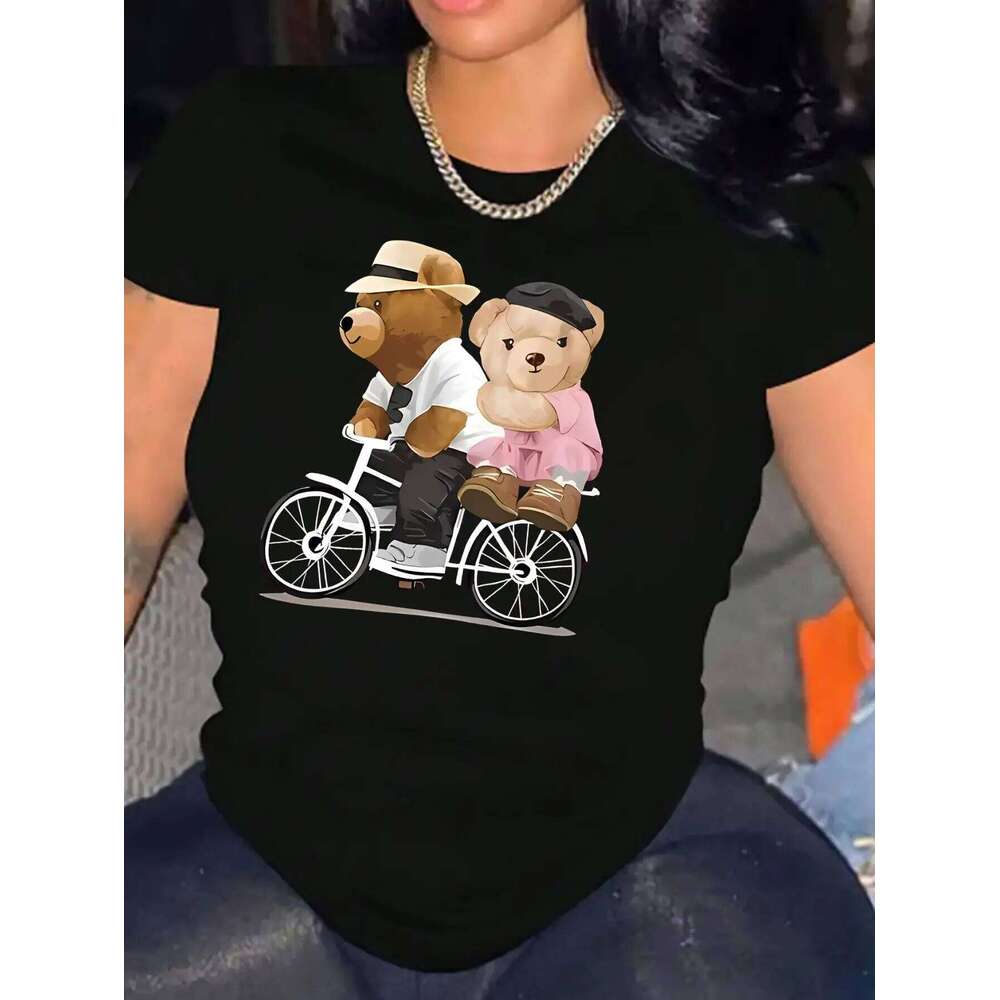 Women's Comfort Fit Bear Graphic T-Shirt Casual Round Neck Top for Spring Summer Autumn XJ260306 XJ260306