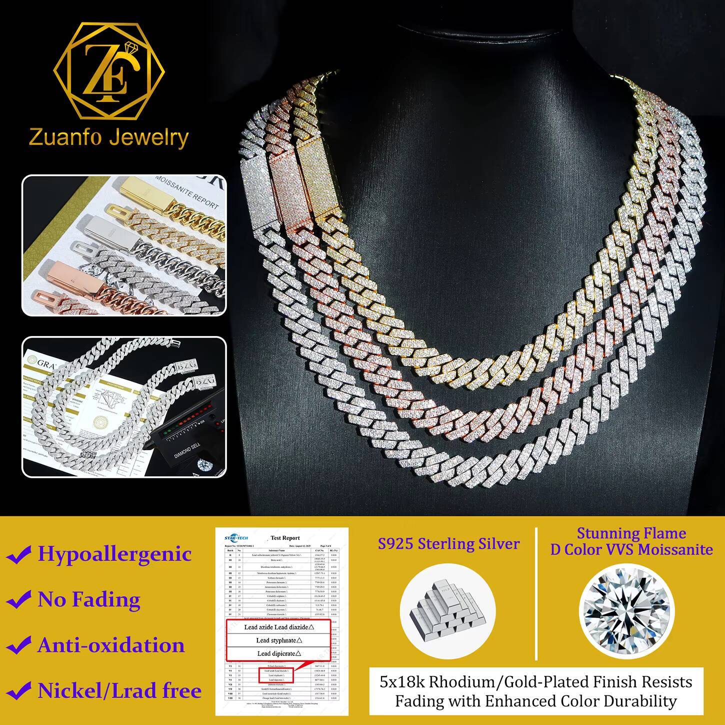 Wholesale Price Heavy Silver Weigh 20mm 4rows VVS Moissanite Diamond Rose Gold Plated Cuban Link Chain for Man Hip Hop Necklace