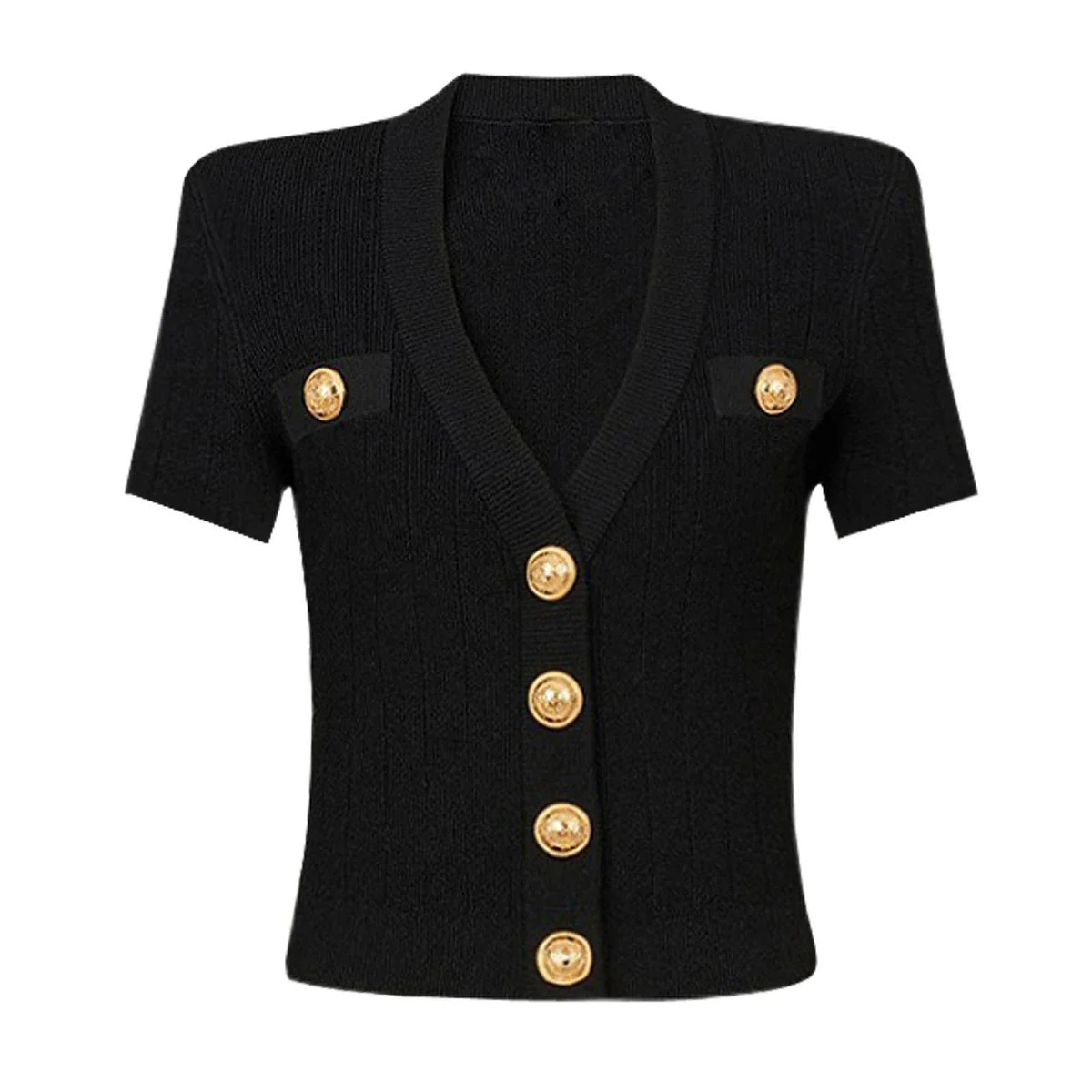 SML Black And White Highquality Fashionable Elastic Knitted Fabric Button Decoration Short Sleeved Slim Fitting Womens Tshirt 260306