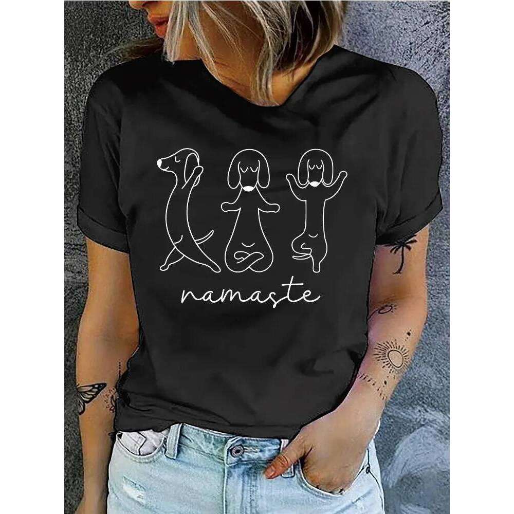 Women's Fashionable T-shirt, Printed with A Playful Dog Pattern, Namaste Casual Round Neck Short-sleeved, Lightweight and Fun. XJ260306 XJ260306