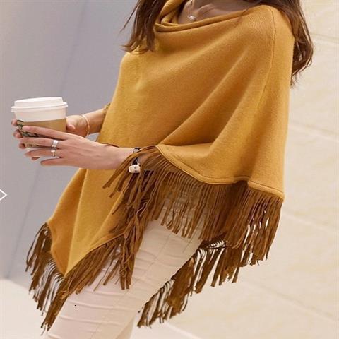 Asymmetrical batwing sweater loose tassel sweater mid-length cape shawl coat womens autumn and winter knitwear240904