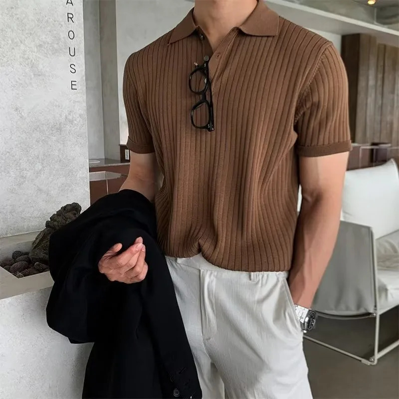 Korean Style Mens Summer Collar Solid Color Casual Thin Knitted Top Mens Fashionable Slim Fit Short Sleeved Shirt 260304