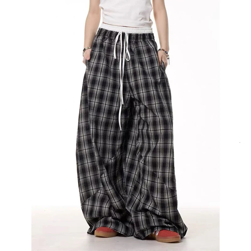 Black Plaid Patchwork Wide Leg Pants Mens Autumn American Vintage Y2K 2000s Style High Waisted Hip Hop Breathable Sweatpants 260303