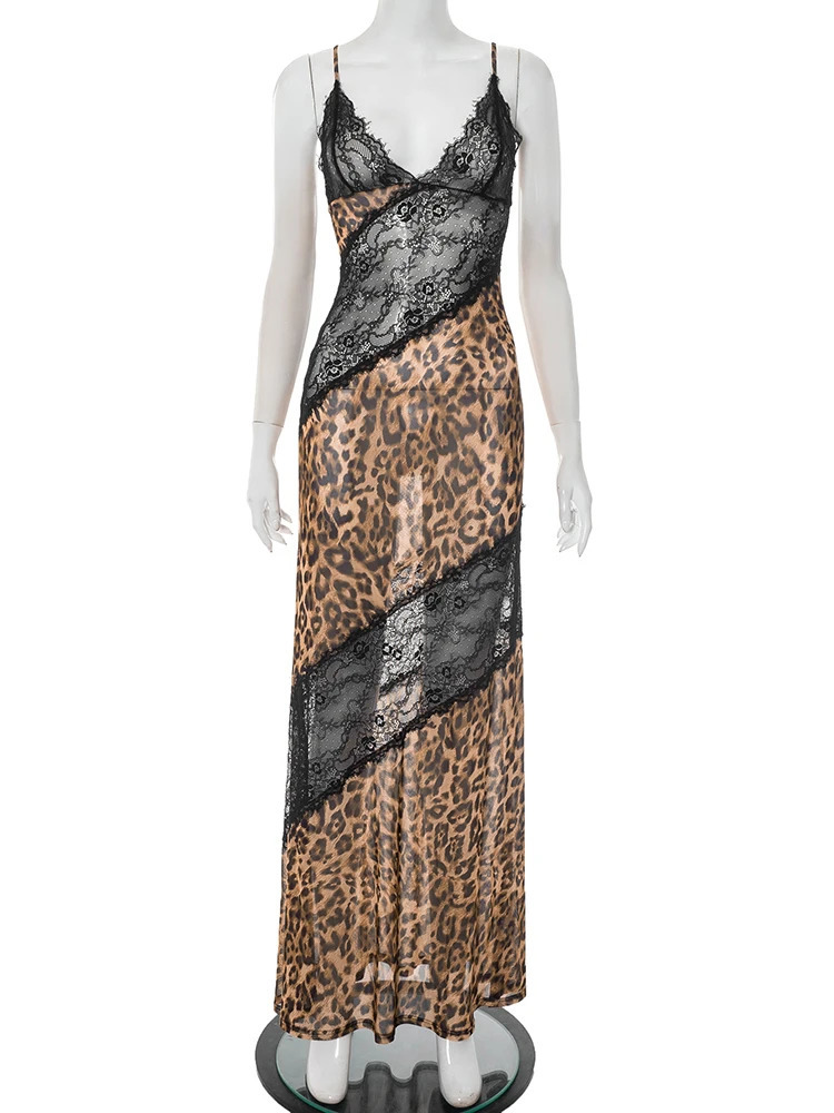 Weird Puss Mesh Patchwork Mermaid Dress Women Leopard Print Sexy Low-Neck Cleavage Backless Ruched Midnight Fashion Long Bodycon 260306