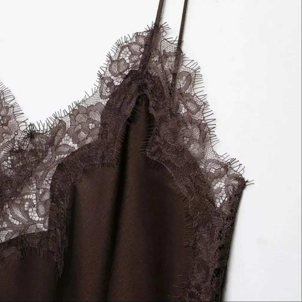 3 colors Sexy Hollow Out See Through Lace Spliced Satin Sling Dress Women Side Slit Hem Asymmetric Dresses Backless Robe 260306