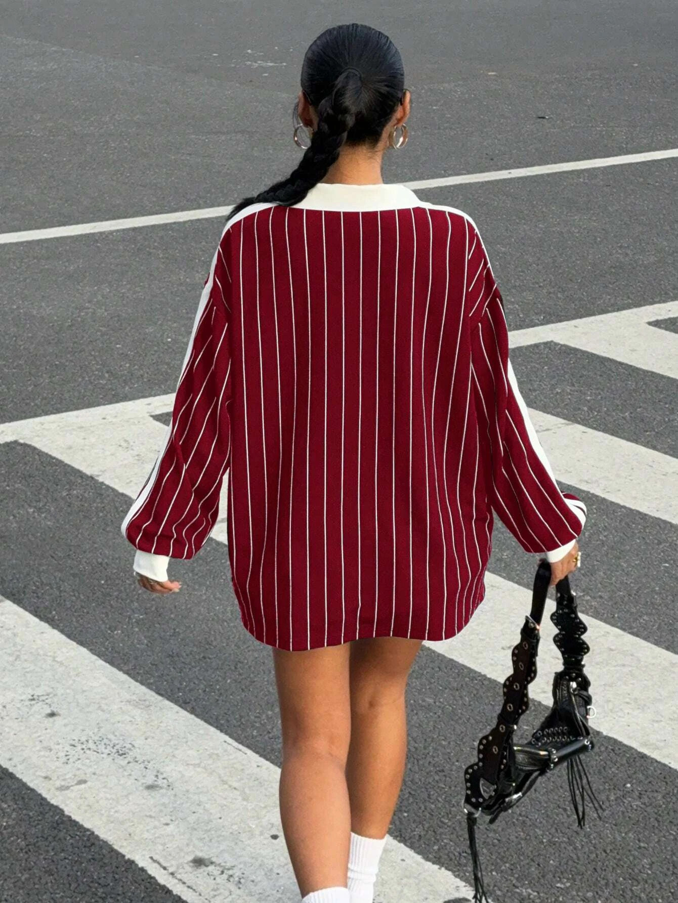 Womens Casual Striped Letter Number Print Athletic Polo Collar Long Sleeve TShirt Drape Oversize Tops Streetweat SpringFall 260228