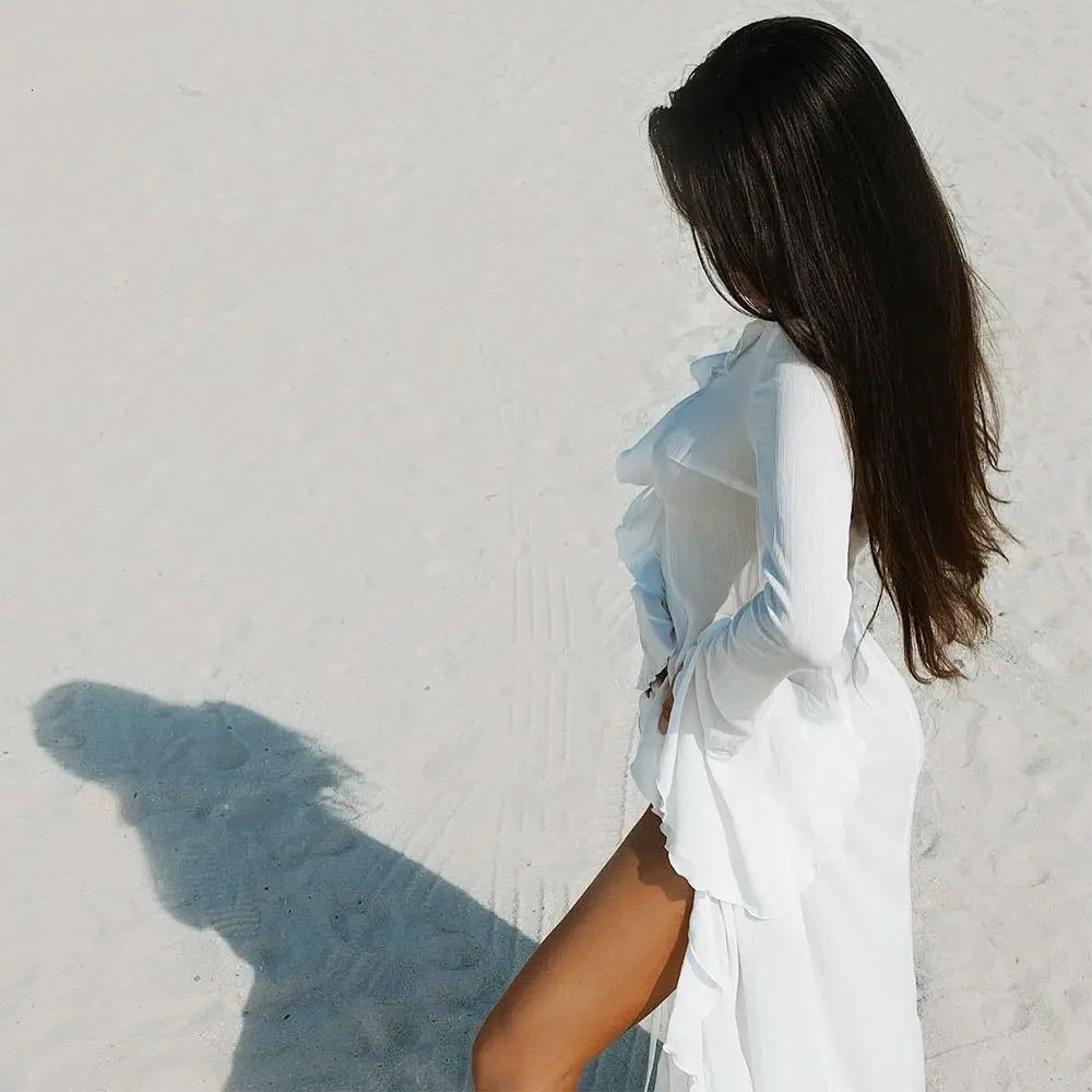 V Neck Summer Beach Cover Up Long Sleeve Ruffled Bikini Sunscreen Smock Vacation Casual Swimsuit Dress for Women 260228