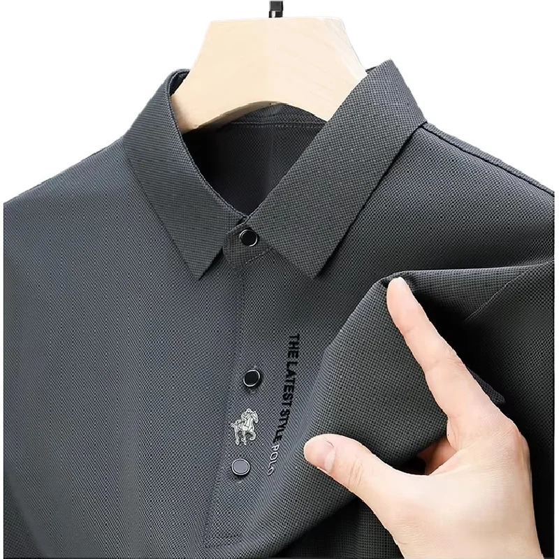 Summer Ice Silk Cotton Embroidered Polo Shirt Elastic T-shirt Korean Fashion Short Sleeve Business Casual Mens Wear M-4XL 260304