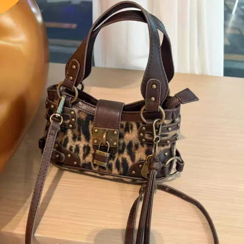 Vintage Rivet Handbag Fashion Highend Y2k Style Motorcycle Bag Leopard Print High-quality Pu Shoulder Crossbody Bag Wallet 260303