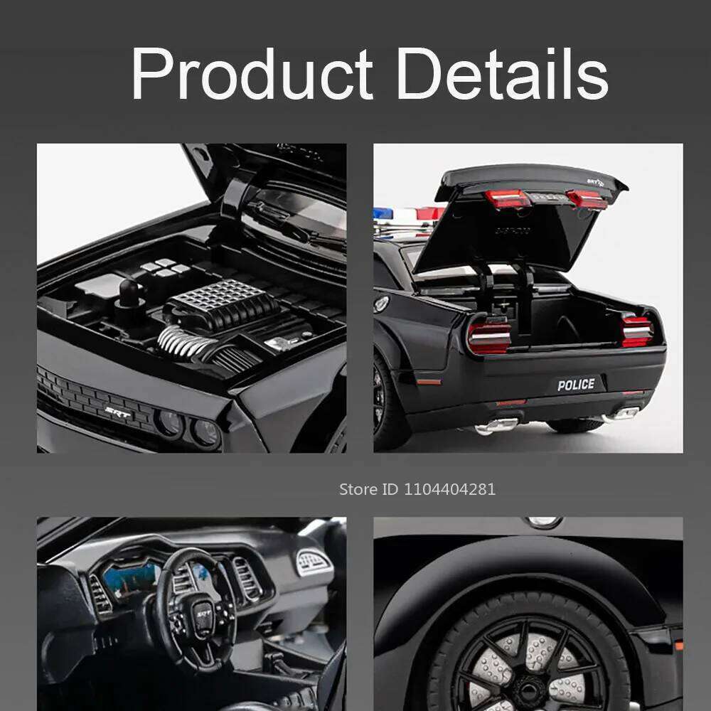 1:24 Challenger SRT Hellcat Alloy Police Car Diecast Model Toys Front Wheel Steering Sound Light Pull Back Vehices for Kids Gift Z260306